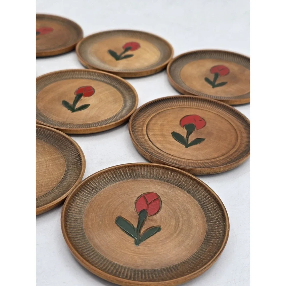 Vtg 12 Coaster Set with Holder Occupied Japan‎ Wood With Carved Flower Bud